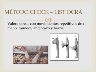 MÉTODO CHECK – LIST OCRA
                      repetitivos de :
Valora tareas con movimientos
mano, muñeca, antebrazo y brazo.
 