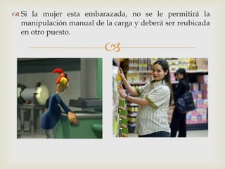  Si la mujer esta embarazada, no se le permitirá la
  manipulación manual de la carga y deberá ser reubicada
  en otro puesto.

                          
 