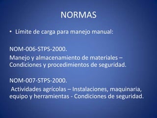 NORMAS
• Límite de carga para manejo manual:

NOM-006-STPS-2000.
Manejo y almacenamiento de materiales –
Condiciones y procedimientos de seguridad.

NOM-007-STPS-2000.
Actividades agrícolas – Instalaciones, maquinaria,
equipo y herramientas - Condiciones de seguridad.
 