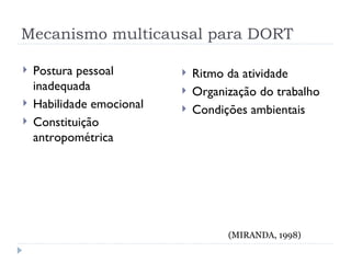 Mecanismo multicausal para DORT Postura pessoal inadequada Habilidade emocional Constituição antropométrica Ritmo da atividade Organização do trabalho Condições ambientais (MIRANDA, 1998) 