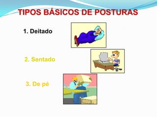 TIPOS BÁSICOS DE POSTURAS
1. Deitado
2. Sentado
3. De pé
 
