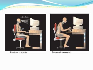 Postura correcta Postura incorrecta
Uma boa postura é fundamental para diminuir a fadiga muscular e visual.
 