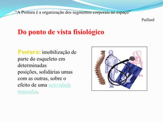 “A Postura é a organização dos segmentos corporais no espaço”
Paillard
Do ponto de vista fisiológico
Postura: imobilização de
parte do esqueleto em
determinadas
posições, solidárias umas
com as outras, sobre o
efeito de uma actividade
muscular.
 