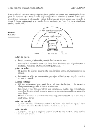 A sua saúde e segurança no trabalho	 ERGONOMIA
	
9
Em seguida, são enumerados alguns princípios ergonómicos básicos para a concepção de um
posto de trabalho. Quando se escolhe e ajustam postos de trabalho, o método prático geral
consiste em considerar a informação relativa à dimensão do corpo, como, por exemplo, a
altura. Acima de tudo, os postos de trabalho devem ser ajustados s, de modo a que o trabalhador
se sinta confortável.
Posto de
trabalho
Altura da cabeça
♦	 Prever um espaço adequado para o 	trabalhador mais alto.
♦	 Posicionar os monitores por baixo ou ao nível dos olhos, pois as pessoas têm a
tendência natural de olhar ligeiramente para baixo.
Altura do ombro
♦	 Os painéis de controlo devem estar posicionados entre a altura do ombro e da
cintura.
♦	 Evitar colocar objectos ou controlos que sejam utilizados com frequência acima
da altura do ombro.
Alcance do braço
♦	 Colocar os objectos numa posição ao alcance dos braços, a fim de evitar
alongamentos exagerados ao tentar manuseá-los.
♦	 Posicionar os objectos necessários para trabalhar, de modo a que o trabalhador
mais alto não necessite de se curvar quando tentar alcançar um objecto que esteja
mais abaixo.
♦	 Manter os materiais e as ferramentas mais frequentemente utilizados próximos e
em frente ao corpo.
Altura do cotovelo
♦	 Ajustar a altura da superfície de trabalho, de modo a que a mesma fique ao nível
ou abaixo da altura do cotovelo para a maioria das funções.
Altura da mão
♦	 Assegurar-se de que os objectos a serem levantados são mantidos entre a altura
da mão e do ombro.
Área de trabalho ocasional
Área de trabalho regular
Cadeira
giratória
 