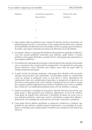 A sua saúde e segurança no trabalho	 ERGONOMIA
	
29
Problemas 	 Características ergonómicas 	 Problemas de saúde 	
	 deste problema	 resultantes
	 1
	 2
	 3
3.	 Após registar todos os problemas que o tempo lhe permite, divida os formandos em
pequenos grupos de três a cinco pessoas. Caso o grupo de formandos seja composto
por trabalhadores de diferentes locais de trabalho, solicite aos grupos que se misturem,
de modo a que sejam compostos por pessoas de diferentes locais de trabalho.
4.	 Em seguida, atribua a cada grupo de trabalho um dos problemas registados no flipchart.
Caso não existam problemas suficientes para distribuir, pode atribuir o mesmo
problema a dois grupos diferentes, ou pode solicitar a dois grupos que apresentem os
seus próprios problemas.
5.	 Os membros de cada grupo devem propor o máximo possível de soluções relacionadas
com a concepção e/ou a organização do equipamento. Um elemento de cada grupo
deverá oferecer-se como voluntario para registar numa folha de papel todas as
soluções propostas pelo grupo.
6.	 A partir da lista de soluções propostas, cada grupo deve identificar três ou quatro
soluções seleccionadas como prioridades. As prioridades podem ser identificadas
como tal, porque se prefiguram como as mais fáceis e menos dispendiosas de
implementar (estas são considerações importantes na perspectiva da gerência), ou
por terem o maior potencial de causar impacto. O grupo deve ter em conta as acções
que a gerência poderá implementar para resolver o problema, bem como as medidas
que o sindicato e os trabalhadores poderão tomar a fim de melhorar a situação.
7.	 Analise em plenário a estratégia de seis pontos. Quando utilizada eficazmente, esta
pode ajudar a obter propostas para melhorias ergonómicas no local de trabalho.
Cada grupo de trabalho deve preencher o formulário do plano de acção com as
suas soluções prioritárias. Assim que concluir o formulário, o grupo deve debater e
desenvolver uma estratégia de acção efectiva, de modo a solucionar o problema.
8.	 Cada grupo deverá debater igualmente as potenciais resistências à mudança que
poderão ter que enfrentar, quando tentarem implementar a sua estratégia de acção.
Quais as estratégias que o grupo poderá considerar para ultrapassar esses potenciais
entraves?
 