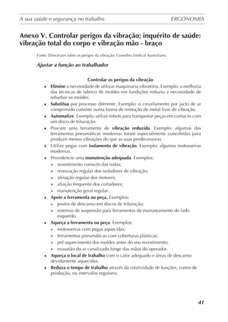 A sua saúde e segurança no trabalho	 ERGONOMIA
	
41
Anexo V. Controlar perigos da vibração; inquérito de saúde:
vibração total do corpo e vibração mão - braço
Fonte: Directrizes sobre os perigos da vibração: Conselho Sindical Australiano.
Ajustar a função ao trabalhador
Controlar os perigos da vibração
♦	 Elimine a necessidade de utilizar maquinaria vibratória. Exemplo: a melhoria
das técnicas de fabrico de moldes em fundições reduziu a necessidade de
rebarbar os moldes.
♦	 Substitua por processo diferente. Exemplo: o cinzelamento por jacto de ar
comprimido consiste numa forma de remoção de metal livre de vibração.
♦	 Automatize. Exemplo: utilize robots para transportar peças em contacto com
um disco de trituração.
♦	 Procure uma ferramenta de vibração reduzida. Exemplo: algumas das
ferramentas pneumáticas modernas foram especialmente concebidas para
produzir menos vibrações do que as suas predecessoras.
♦	 Utilize pegas com isolamento de vibração. Exemplo: algumas motosserras
modernas.
♦	 Providencie uma manutenção adequada. Exemplos:
	revestimento correcto das rodas;
	renovação regular dos isoladores de vibração;
	afinação regular dos motores;
	afiação frequente dos cortadores;
	manutenção geral regular.
♦	 Apoie a ferramenta ou peça. Exemplos:
	postos de descanso em discos de trituração;
	sistemas de suspensão para ferramentas de manuseamento do lado
esquerdo.
♦	 Aqueça a ferramenta ou peça. Exemplos:
	motosserras com pegas aquecidas;
	ferramentas pneumáticas com coberturas plásticas;
	pré-aquecimento dos moldes antes do seu revestimento;
	exaustão do ar canalizado longe das mãos do operador.
♦	 Aqueça o local de trabalho com o calor adequado e áreas de descanso
devidamente aquecidas.
♦	 Reduza o tempo de trabalho através da rotatividade de funções, cortes de
produção, ou intervalos regulares.
 