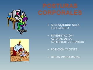 POSTURAS 
CORPORALES 
• SEDESTACIÓN: SILLA 
ERGONÓMICA 
• BIPEDESTACIÓN: 
ALTURAS DE LA 
SUPERFICIE DE TRABAJO 
• POSICIÓN YACENTE 
• OTRAS INADECUADAS 
 