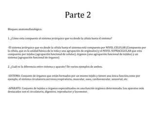 Parte 2
Bloqueo anatomofisiológico.
1. ¿Cómo esta compuesto el sistema jerárquico que va desde la célula hasta el sistema?
-El sistema jerárquico que va desde la célula hasta el sistema está compuesto por NIVEL CELULAR (Compuesto por
la célula, que es la unidad básica de la vida y una agrupación de orgánulos) y el NIVEL SUPRACELULAR que esta
compuesto por tejidos (agrupación funcional de celulas), órganos (una agrupación funcional de tejidos) y un
sistema (agrupación funcional de órganos)
2. ¿Cuál es la diferencia entre sistema y aparato? De varios ejemplos de ambos.
-SISTEMA: Conjunto de órganos que están formados por un mismo tejido y tienen una única función,como por
ejemplo, el sistema circulatorio,nervioso,respiratorio, muscular, oseo, cardiovascular, sensorial, etc.
-APARATO: Conjunto de tejidos u órganos especializados en una función orgánica determinada. Los aparatos más
destacados son el circulatorio, digestivo, reproductor y locomotor.
 