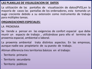 LAS PLANILLAS DE VISUALIZACION DE DATOS
La utilización de las pantallas de visualización de datos(PVD),en la
mayoría de casos las pantallas de los ordenadores, esta tomando un
auge creciente debido a su extensión como instrumento de trabajo
para múltiples tareas.
ORGANIZACIONES ESPECIALES:
LA PROXEMIA
Se tiende a pensar en las exigencias de confort espacial que debe
reunir un espacio de trabajo , utilizándose para ello el termino de
proxemia espacial, ambiental o laboral.
La proxemia ambiental trata distintos aspectos. En las empresas,
aunque nadie sea propietario de su puesto de trabajo.
Altman diferencia tres territorios básicos en el trabajo:
- Territorio primario
- Territorio secundario
- Territorio públicos
 