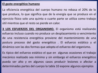 El gasto energético humano
La eficiencia energética del cuerpo humano no rebasa el 20% de lo
que produce, lo que significa que de la energía que se produce en el
ejercicio físico solo una quinta o cuarte parte se utiliza como trabajo
útil mientras que el resto se pierde en calor.
3 LOS ESFUERZOS DEL ORGANISMO. El organismo está realizando
esfuerzo incluso cuando no produce un desplazamiento o vencimiento
de una resistencia energética proviene del mantenimiento de una
postura proceso del gasto energético . El esfuerzo estático y el
dinámico son las dos formas que adopta el esfuerzo del organismo.
Es típico del esfuerzo estático el que en algunas ocasiones el trabajo
mecánico realizado sea mínimo y sin embargo el esfuerzo energético
pueda ser alto y en algunos casos producir lesiones o afectar a
determinadas partes del cuerpo la tabla 10 expone algunos ejemplos
 