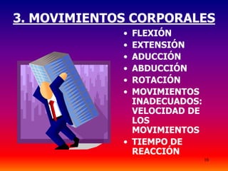 10
3. MOVIMIENTOS CORPORALES
• FLEXIÓN
• EXTENSIÓN
• ADUCCIÓN
• ABDUCCIÓN
• ROTACIÓN
• MOVIMIENTOS
INADECUADOS:
VELOCIDAD DE
LOS
MOVIMIENTOS
• TIEMPO DE
REACCIÓN
 