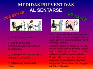 30
MEDIDAS PREVENTIVAS
AL SENTARSE
a) Hundirse en la silla.
b) Sentarse en una
demasiado alta o alejada de
su escritorio.
c) Inclinarse hacia adelante o
arquear su espalda.
d) ¡Mantenga su espalda
recta!
• Una buena silla debe ser regulable,
en su altura y en su respaldo, dar un
buen apoyo a la zona lumbar de la
columna (cintura).
• Siempre regule la altura de la silla,
de tal forma que le permite apoyar
ambos pies en el suelo, con las
rodillas más altas que las caderas.
• Puede Ud. cruzar las piernas o
apoyarlas en un alzapies. Siéntese
• apoyando firmemente la espalda
contra el respaldo.
 