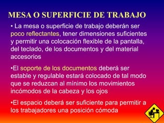 39
MESA O SUPERFICIE DE TRABAJO
• La mesa o superficie de trabajo deberán ser
poco reflectantes, tener dimensiones suficientes
y permitir una colocación flexible de la pantalla,
del teclado, de los documentos y del material
accesorios
•El soporte de los documentos deberá ser
estable y regulable estará colocado de tal modo
que se reduzcan al mínimo los movimientos
incómodos de la cabeza y los ojos
•El espacio deberá ser suficiente para permitir a
los trabajadores una posición cómoda
 