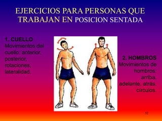 52
1. CUELLO
Movimientos del
cuello: anterior,
posterior,
rotaciones,
lateralidad.
2. HOMBROS
Movimientos de
hombros:
arriba,
adelante, atrás,
círculos.
EJERCICIOS PARA PERSONAS QUE
TRABAJAN EN POSICION SENTADA
 