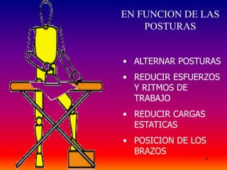 8
EN FUNCION DE LAS
POSTURAS
• ALTERNAR POSTURAS
• REDUCIR ESFUERZOS
Y RITMOS DE
TRABAJO
• REDUCIR CARGAS
ESTATICAS
• POSICION DE LOS
BRAZOS
 