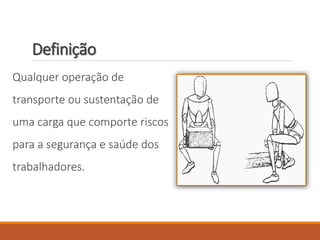 Definição
Qualquer operação de
transporte ou sustentação de
uma carga que comporte riscos
para a segurança e saúde dos
trabalhadores.
 