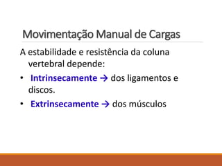 Movimentação Manual de Cargas
A estabilidade e resistência da coluna
vertebral depende:
• Intrinsecamente → dos ligamentos e
discos.
• Extrinsecamente → dos músculos
 