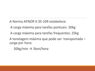 A Norma AFNOR X 35-109 estabelece:
A carga máxima para tarefas pontuais: 30kg
A carga máxima para tarefas frequentes: 25kg
A tonelagem máxima que pode ser transportada –
carga por hora:
50kg/min → 3ton/hora
 