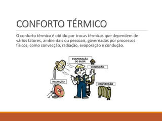 CONFORTO TÉRMICO
O conforto térmico é obtido por trocas térmicas que dependem de
vários fatores, ambientais ou pessoais, governados por processos
físicos, como convecção, radiação, evaporação e condução.
 