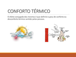CONFORTO TÉRMICO
O efeito conjugado dos mesmos é que definirá o grau de conforto ou
desconforto térmico sentido pelas pessoas.
 