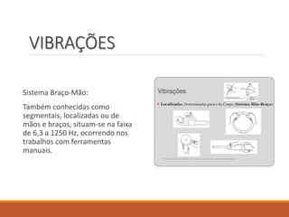 VIBRAÇÕES
Sistema Braço-Mão:
Também conhecidas como
segmentais, localizadas ou de
mãos e braços, situam-se na faixa
de 6,3 a 1250 Hz, ocorrendo nos
trabalhos com ferramentas
manuais.
 