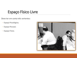 Espaço Físico Livre
Deve ter em conta três vertentes:
◦ Espaço Psicológico;
◦ Espaço Pessoal;
◦ Espaço Físico.
 