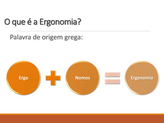 O que é a Ergonomia?
Palavra de origem grega:
Ergo Nomos Ergonomia
 