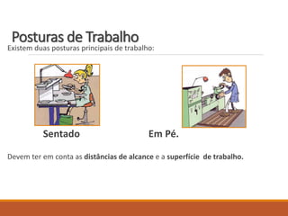 Posturas de Trabalho
Existem duas posturas principais de trabalho:
Sentado Em Pé.
Devem ter em conta as distâncias de alcance e a superfície de trabalho.
 