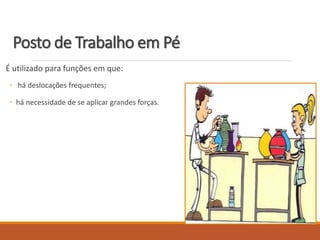 Posto de Trabalho em Pé
É utilizado para funções em que:
◦ há deslocações frequentes;
◦ há necessidade de se aplicar grandes forças.
 