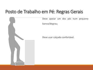 Posto de Trabalho em Pé: Regras Gerais
Deve apoiar um dos pés num pequeno
banco/degrau;
Deve usar calçado confortável.
 