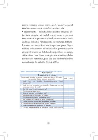 124
terem contatos sociais entre eles. O convívio social
combate o estresse e também a monotonia.
• Treinamento – trabalhadores novatos em geral en-
frentam situações de trabalho estressantes, por não
conhecerem as pessoas e não dominarem suas ativi-
dades de trabalho. Para reduzir a insegurança de traba-
lhadores novatos, é importante que a empresa dispo-
nibilize treinamentos sistematizados, promovendo o
desenvolvimento de habilidades específicas do cargo.
Além disso, deve haver uma apresentação formal dos
novatos aos veteranos, para que eles se sintam aceitos
no ambiente de trabalho (IIDA, 2005).
 