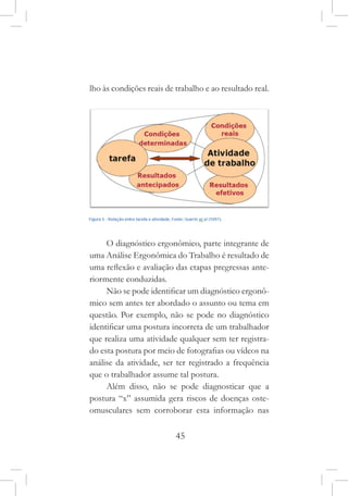 45
lho às condições reais de trabalho e ao resultado real.
O diagnóstico ergonômico, parte integrante de
uma Análise Ergonômica do Trabalho é resultado de
uma reflexão e avaliação das etapas pregressas ante-
riormente conduzidas.
Não se pode identificar um diagnóstico ergonô-
mico sem antes ter abordado o assunto ou tema em
questão. Por exemplo, não se pode no diagnóstico
identificar uma postura incorreta de um trabalhador
que realiza uma atividade qualquer sem ter registra-
do esta postura por meio de fotografias ou vídeos na
análise da atividade, ser ter registrado a frequência
que o trabalhador assume tal postura.
Além disso, não se pode diagnosticar que a
postura “x” assumida gera riscos de doenças oste-
omusculares sem corroborar esta informação nas
 