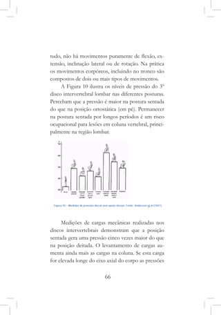 66
tudo, não há movimentos puramente de flexão, ex-
tensão, inclinação lateral ou de rotação. Na prática
os movimentos corpóreos, incluindo no tronco são
compostos de dois ou mais tipos de movimentos.
A Figura 10 ilustra os níveis de pressão do 3º
disco intervertebral lombar nas diferentes posturas.
Percebam que a pressão é maior na postura sentada
do que na posição ortostática (em pé). Permanecer
na postura sentada por longos períodos é um risco
ocupacional para lesões em coluna vertebral, princi-
palmente na região lombar.
Medições de cargas mecânicas realizadas nos
discos intervertebrais demonstram que a posição
sentada gera uma pressão cinco vezes maior do que
na posição deitada. O levantamento de cargas au-
menta ainda mais as cargas na coluna. Se esta carga
for elevada longe do eixo axial do corpo as pressões
 