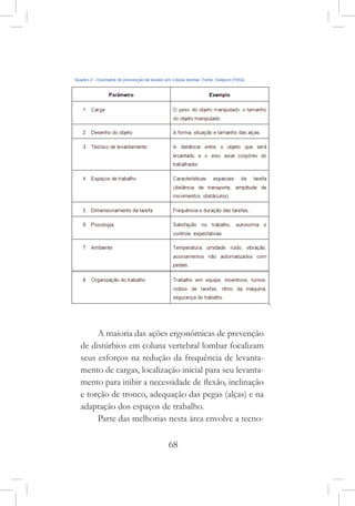 68
A maioria das ações ergonômicas de prevenção
de distúrbios em coluna vertebral lombar focalizam
seus esforços na redução da frequência de levanta-
mento de cargas, localização inicial para seu levanta-
mento para inibir a necessidade de flexão, inclinação
e torção de tronco, adequação das pegas (alças) e na
adaptação dos espaços de trabalho.
Parte das melhorias nesta área envolve a tecno-
 