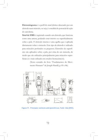 72
Eletromiograma é o perfil do sinal elétrico detectado por um
eletrodo num músculo, ou seja, é a medida do potencial de ação
do sarcolema.
Sinal de EMG é registrado usando um eletrodo, que funciona
como uma antena, podendo estar interno ou superficialmente
sobre a pele. O eletrodo interno é uma agulha que é aplicada
diretamente sobre o músculo. Este tipo de eletrodo é utilizado
para músculos profundos ou pequenos. Eletrodos de superfí-
cies são aplicados sobre a pele, por cima de um músculo, de
modo que são utilizados principalmente para músculos super-
ficiais (é o mais utilizado em estudos biomecânicos).
(Texto extraído do livro “Fundamentos do Movi-
mento Humano” de Joseph Hamill, p. 85 e 86).
 