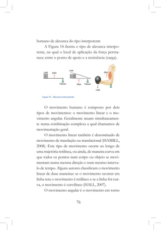 76
humano de alavanca do tipo interpotente
A Figura 14 ilustra o tipo de alavanca interpo-
tente, na qual o local de aplicação da força perma-
nece entre o ponto de apoio e a resistência (carga).
O movimento humano é composto por dois
tipos de movimentos: o movimento linear e o mo-
vimento angular. Geralmente atuam simultaneamen-
te numa combinação complexa a qual chamamos de
movimentação geral.
O movimento linear também é denominado de
movimento de translação ou translacional (HAMILL,
2008). Este tipo de movimento ocorre ao longo de
uma trajetória retilínea, ou ainda, de maneira curva em
que todos os pontos num corpo ou objeto se movi-
mentam numa mesma direção e num mesmo interva-
lo de tempo. Alguns autores classificam o movimento
linear de duas maneiras: se o movimento ocorrer em
linha reta o movimento é retilíneo e se a linha for cur-
va, o movimento é curvilíneo (HALL, 2007).
O movimento angular é o movimento em torno
 