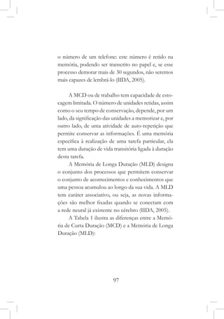 97
o número de um telefone: este número é retido na
memória, podendo ser transcrito no papel e, se esse
processo demorar mais de 30 segundos, não seremos
mais capazes de lembrá-lo (IIDA, 2005).
A MCD ou de trabalho tem capacidade de esto-
cagem limitada. O número de unidades retidas, assim
como o seu tempo de conservação, depende, por um
lado, da significação das unidades a memorizar e, por
outro lado, de uma atividade de auto-repetição que
permite conservar as informações. É uma memória
específica à realização de uma tarefa particular, ela
tem uma duração de vida transitória ligada à duração
desta tarefa.
A Memória de Longa Duração (MLD) designa
o conjunto dos processos que permitem conservar
o conjunto de acontecimentos e conhecimentos que
uma pessoa acumulou ao longo da sua vida. A MLD
tem caráter associativo, ou seja, as novas informa-
ções são melhor fixadas quando se conectam com
a rede neural já existente no cérebro (IIDA, 2005).
A Tabela 1 ilustra as diferenças entre a Memó-
ria de Curta Duração (MCD) e a Memória de Longa
Duração (MLD):
 