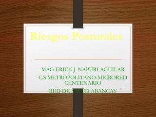 Riesgos Posturales
MAG ERICK J. NAPURI AGUILAR
C.S METROPOLITANO-MICRORED
CENTENARIO
RED DE SALUD ABANCAY
1
 