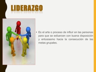 • Es el arte o proceso de influir en las personas
para que se esfuercen con buena disposición
y entusiasmo hacia la consecución de las
metas grupales.
 