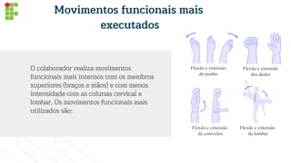 O colaborador realiza movimentos
funcionais mais intensos com os membros
superiores (braços e mãos) e com menos
intensidade com as colunas cervical e
lombar. Os movimentos funcionais mais
utilizados são:
ITEM 2
Movimentos funcionais mais
executados
 