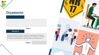 Orçamento
Pacote 2
Valor:
Valor:
Lorem ipsum dolor sit amet, consectetur adipiscing elit. Etiam eget
quam lacus. Vivamus laoreet tempus lacus, in ultricies dui vehicula
in. Donec auctor blandit leo. convallis mollis mi condimentum in.
 