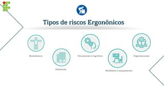 Tipos de riscos Ergonônicos
Biomecânicos
Ambientais
Psicossociais e Cognitivos
Mobiliários e equipamentos
Organizacionais
 