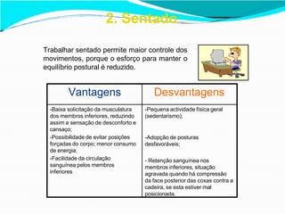 2. Sentado
Trabalhar sentado permite maior controle dos
movimentos, porque o esforço para manter o
equilíbrio postural é reduzido.
Vantagens Desvantagens
-Baixa solicitação da musculatura
dos membros inferiores, reduzindo
assim a sensação de desconforto e
cansaço;
-Possibilidade de evitar posições
forçadas do corpo; menor consumo
de energia;
-Facilidade da circulação
sanguínea pelos membros
inferiores
-Pequena actividade física geral
(sedentarismo);
-Adopção de posturas
desfavoráveis;
- Retenção sanguínea nos
membros inferiores, situação
agravada quando há compressão
da face posterior das coxas contra a
cadeira, se esta estiver mal
posicionada.
 