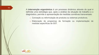 11
A intervenção ergonómica é um processo dinâmico através do qual é
definida uma estratégia que, após a análise da situação de trabalho e o
diagnóstico, permite a apresentação de medidas corretivas transversais:
o Conceção ou reformulação de produtos ou sistemas produtivos;
o Elaboração de programas de formação ou implementação de
medidas específicas de SST.
 
