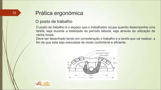 12 Prática ergonómica
O posto de trabalho
O posto de trabalho é o espaço que o trabalhador ocupa quando desempenha uma
tarefa, seja durante a totalidade do período laboral, seja através da utilização de
vários locais.
Deve ser desenhado tendo em consideração o trabalho e a tarefa que vai realizar, a
fim de que esta seja executada de modo confortável e eficiente.
 