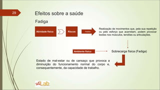 29
Fadiga
Efeitos sobre a saúde
Atividade física Implica
Realização de movimentos que, pela sua repetição
ou pelo esforço que acarretam, podem provocar
lesões nos músculos, tendões ou articulações.
Sobrecarga física (Fadiga)
Estado de mal-estar ou de cansaço que provoca a
diminuição do funcionamento normal do corpo e,
consequentemente, da capacidade de trabalho.
Ambiente físico
Riscos
 