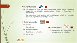 7  Fator humano:
 Características que não são modificáveis (sexo, idade, dimensões
corporais, constituição características físicas e funcionais do
organismo);
 Características que podem ser modificadas (nível de formação,
destreza, experiência e condição física).
 Fator ambiente:
 Ruído;
 Iluminância;
 Ambiente térmico;
 Qualidade do ar interior;
 Radiações.
 Fator material:
 Características inerentes ao
equipamento de trabalho.
 
