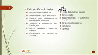 8
 Fator gestão de trabalho:
 Posição sentado ou de pé;
 Dimensões do posto de trabalho;
 Espaços para movimentos e
distâncias de segurança;
 Vigilância e manutenção das
instalações;
 Modos operatórios e meios de
trabalho;
 Planeamento do trabalho e
formação;
 Tempo de trabalho e pausas;
 Remuneração;
 Responsabilidade e autonomia
de decisão;
 Carga mental excessiva;
 Monotonia;
 Conflitos.
 