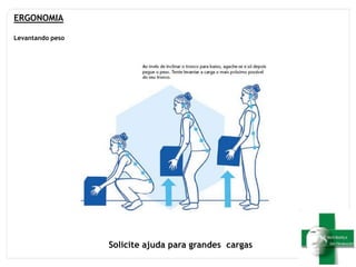 ERGONOMIA
Levantando peso
Solicite ajuda para grandes cargas
 