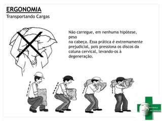 ERGONOMIA
Transportando Cargas
Não carregue, em nenhuma hipótese,
peso
na cabeça. Essa prática é extremamente
prejudicial, pois pressiona os discos da
coluna cervical, levando-os à
degeneração.
 